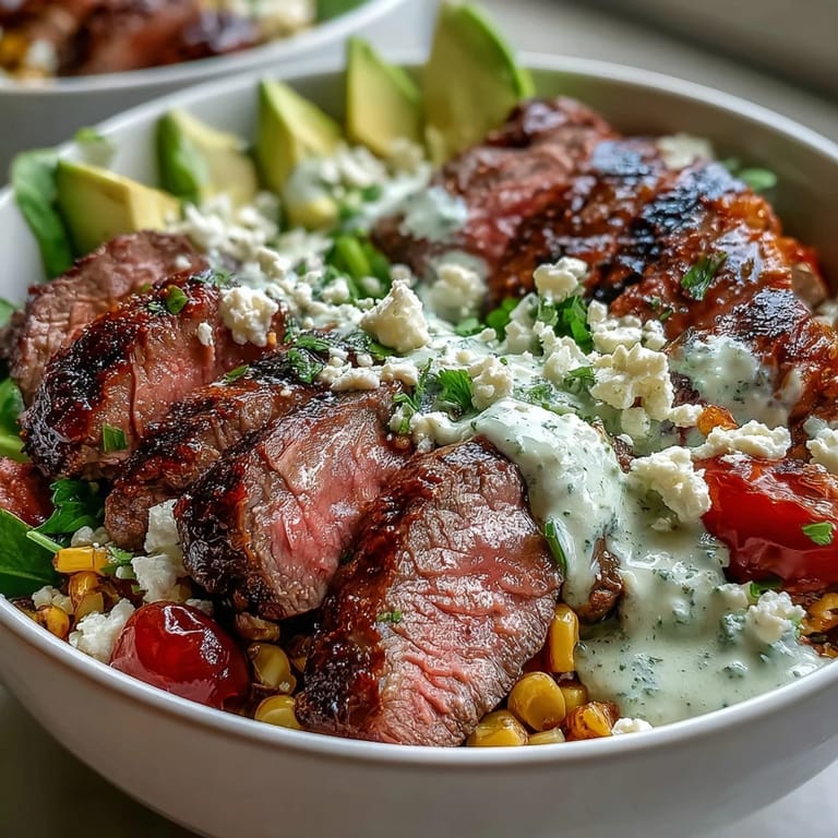 Tex-Mex steak and avocado bowl with roasted corn, tomatoes, and cilantro cream sauce drizzled over a quinoa base.