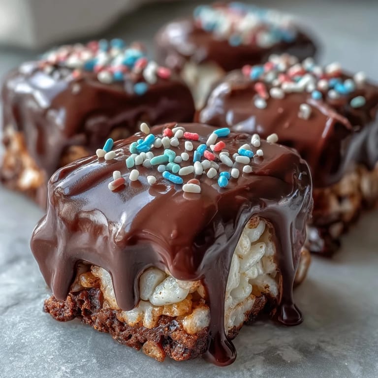 Glossy melted chocolate and gooey marshmallow Rice Krispy bars cut into squares, showing crunchy texture.