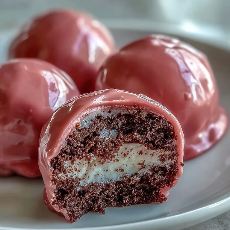 Kugelförmige Oreo Truffle Balls mit rosa Zuckerguss und Perlen bestreut, auf weissem Teller.