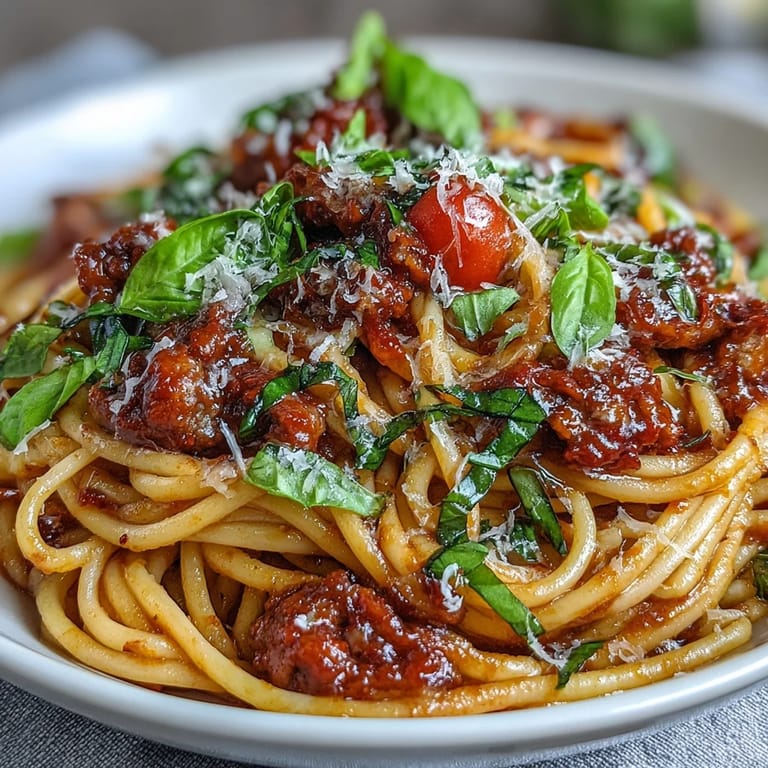 Ein Teller italienische Drunken Noodles mit Tomaten, Knoblauch und geriebenem Parmesan garniert.