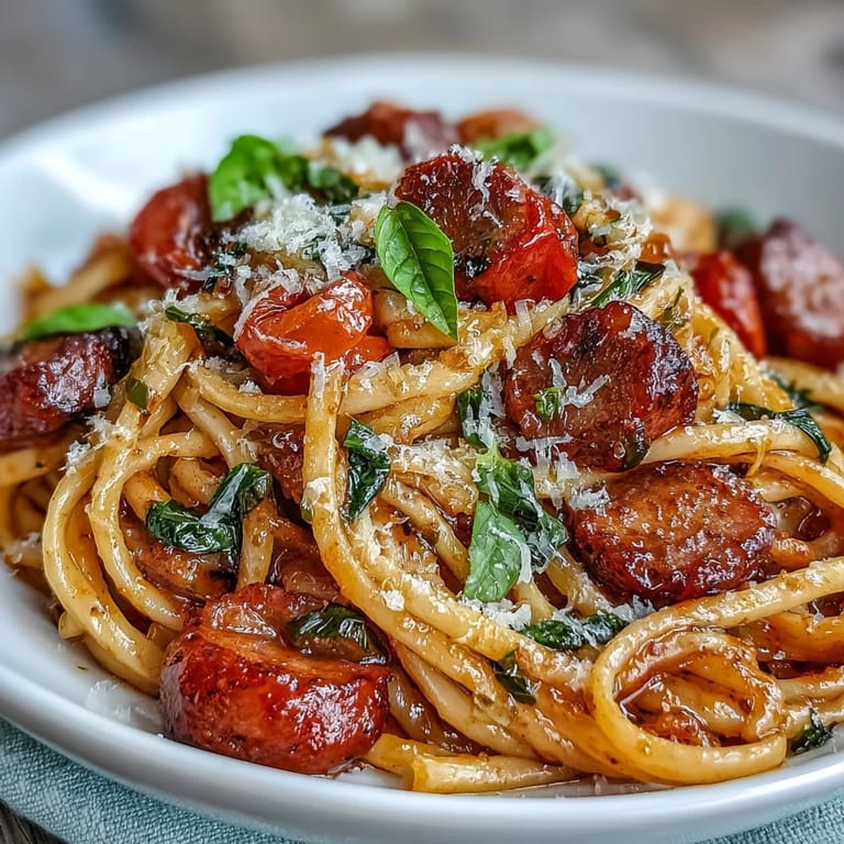 Scharfe italienische Drunken Noodles mit Saft aus frischen Tomaten und Basilikum auf dem Schneidebrett.