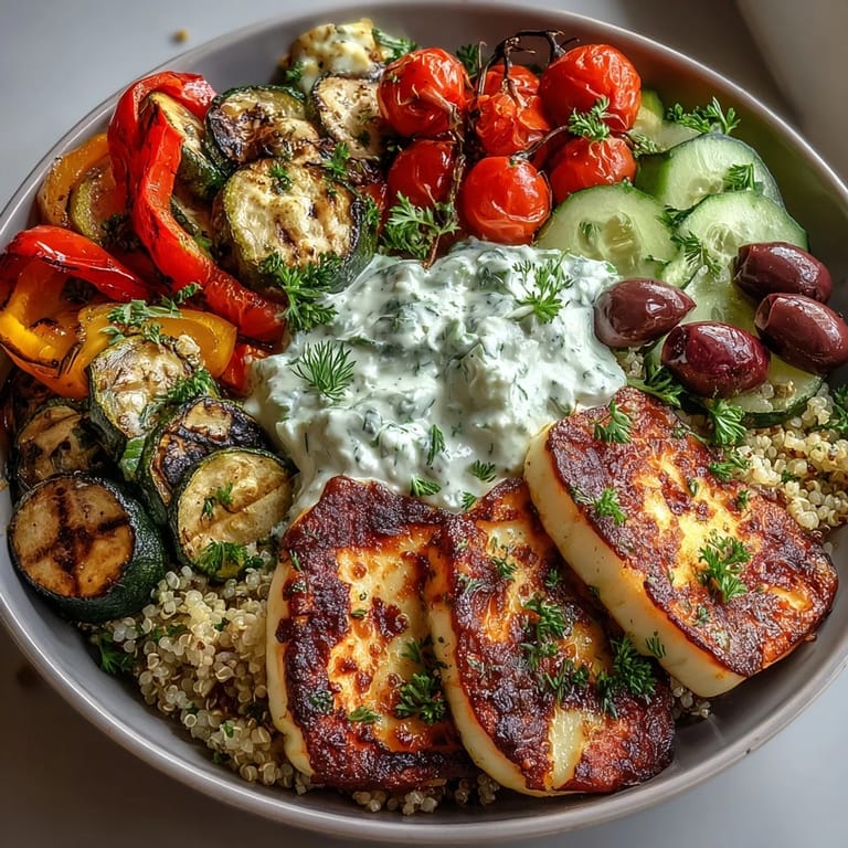 Charred zucchini and bell peppers sizzle beside creamy tzatziki in a wholesome Mediterranean bowl.