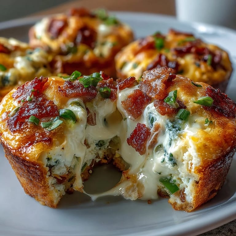 Runde Breakfast Egg Muffins mit goldbrauner Oberfläche, Paprikastreifen und Speckfetzen, perfekt portioniert für ein herzhaftes, mitnehmbares Frühstück unterwegs.