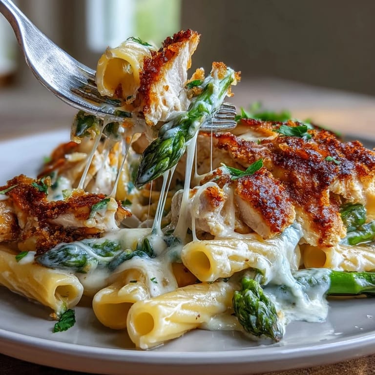 Crispy Parmesan Asparagus Chicken Pasta mit cremiger Sauce und frischer Petersilie garniert.