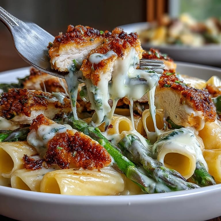 Knusprig gebackener Spargel und saftige Hähnchenbruststreifen auf dieser leckeren Crispy Parmesan Asparagus Chicken Pasta.