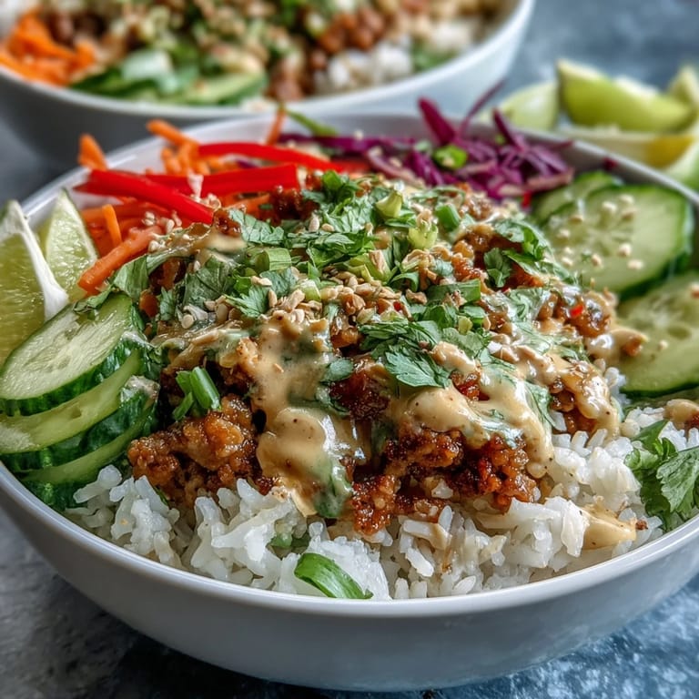 Spicy Bang Bang Turkey Rice Bowls mit knackigem Gemüse und cremiger, scharfer Sauce auf dem Teller.