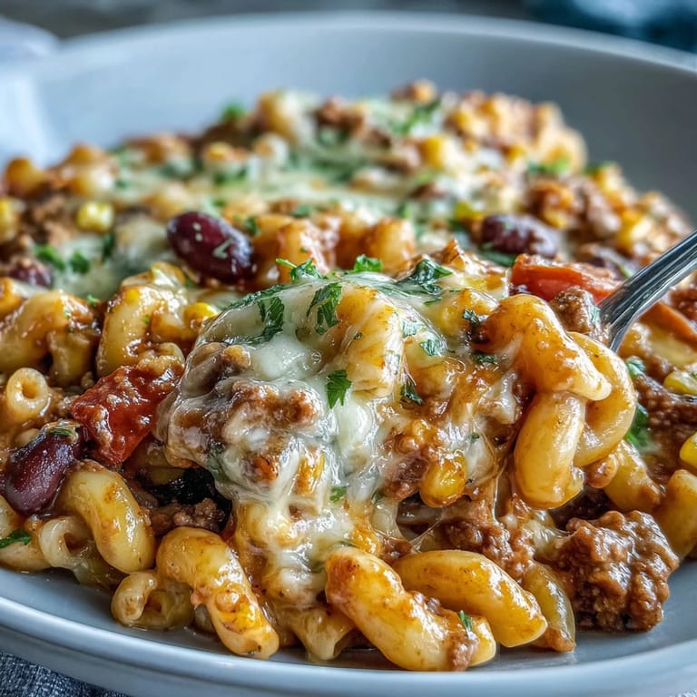 A skillet of One-Pot Tex-Mex Chili Mac with Corn topped with jalapeños and served with sour cream. 