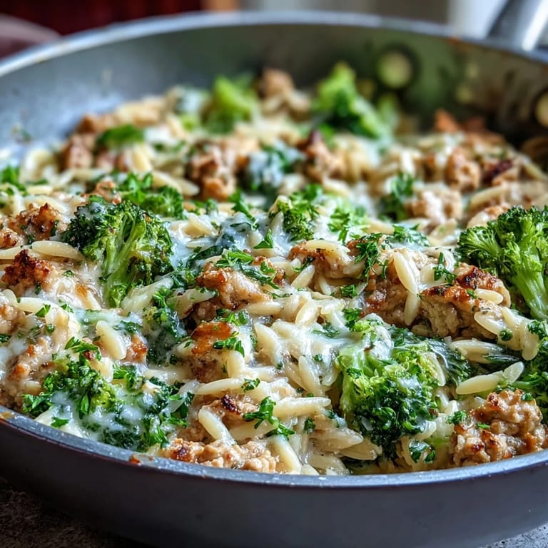 This creamy turkey and orzo one-pan dinner features tender broccoli florets mixed into a cheesy garlic sauce.