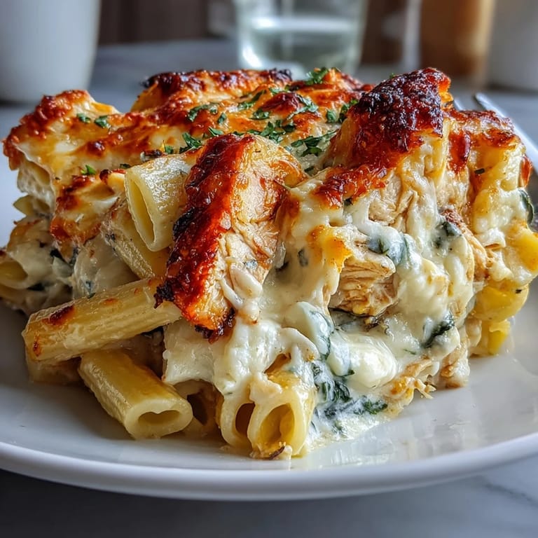 Golden-baked Greek Yogurt Chicken Alfredo Bake with bubbly mozzarella and fresh parsley garnish.