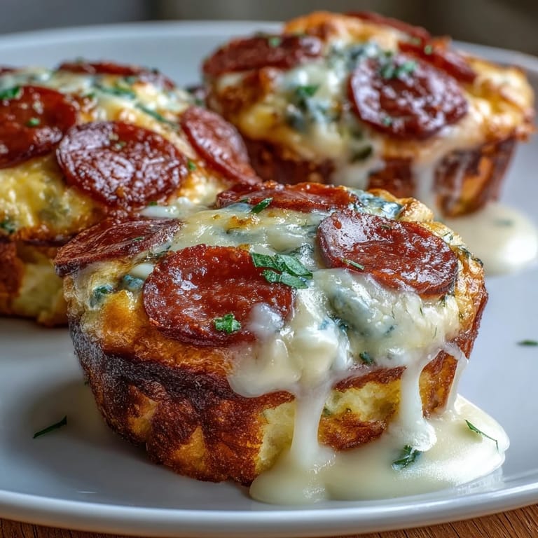 Nahaufnahme von High-Protein Pepperoni Breakfast Cups mit geschmolzenem Mozzarella und scharfem Pepperoni.