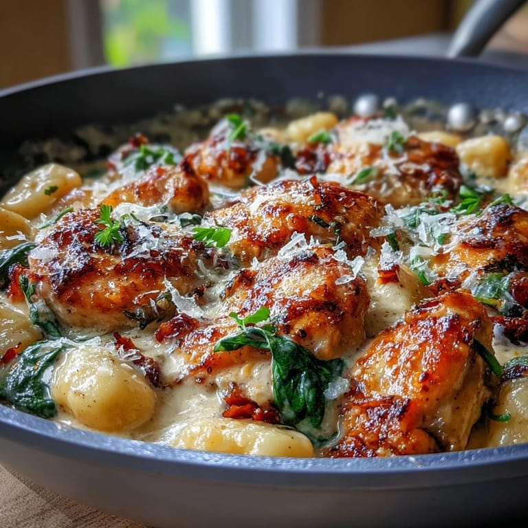 Tender chicken and gnocchi smothered in a rich garlic cream sauce, served in a hot skillet