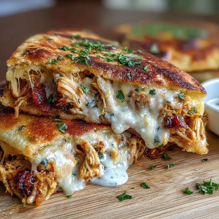 Goldbraune halbmondförmige Naan Brote mit zarter Hähnchen- und Käsefüllung, serviert auf rustikalem Holzteller.