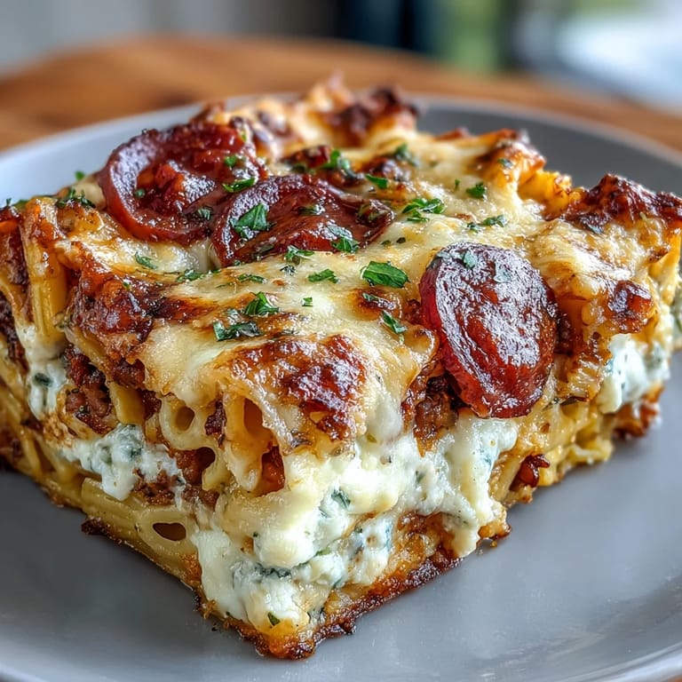 Gefüllte High-Protein Pizza Pasta Bake im Auflaufform mit cremiger Joghurt-Käse Sauce und leanem Rinderhackfleisch.