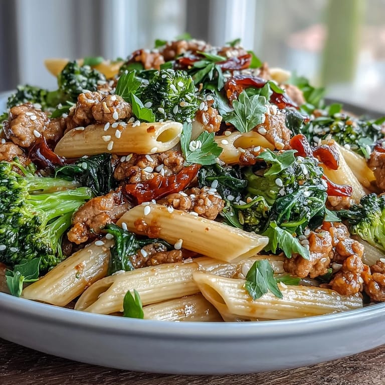 Leckere Sweet & Spicy Turkey Broccoli Pasta mit grünen Brokkoli-Röschen und roter Paprika, garniert mit Sesam und Frühlingszwiebeln.