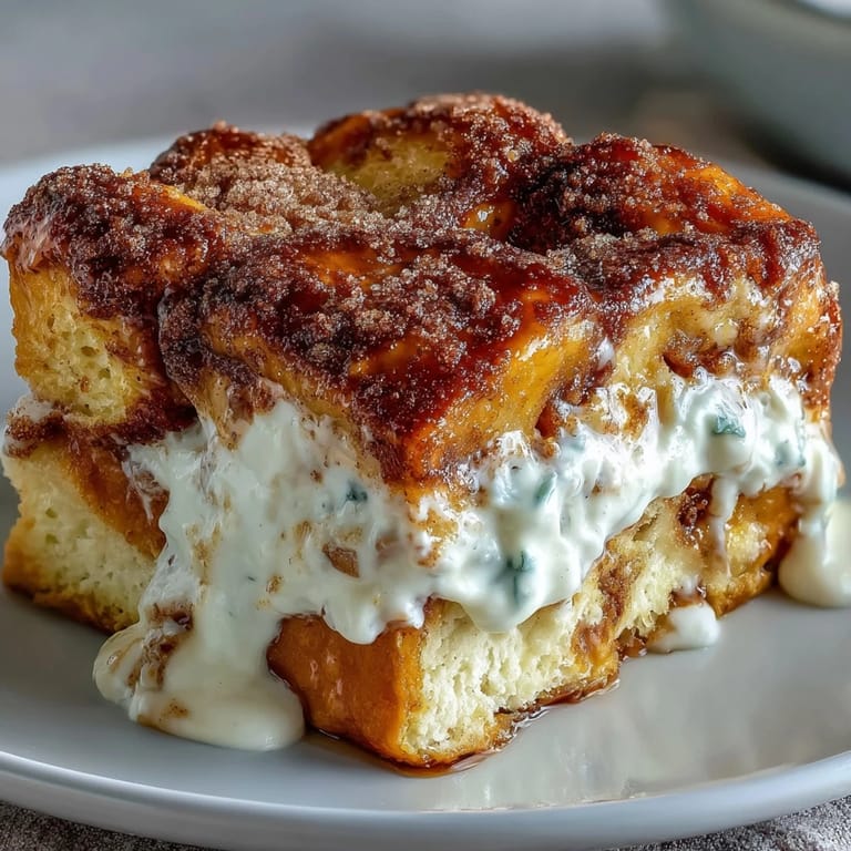 Aufgewecktes Cream Cheese Swirl Cinnamon Roll French Toast Bake serviert mit Ahornsirup und frischen Bananen auf dem Teller.