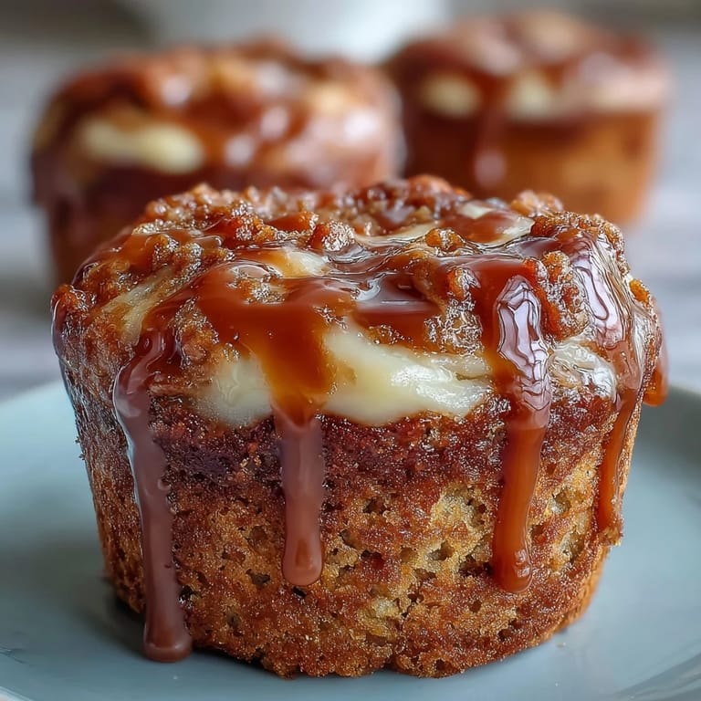 Warm banana muffins featuring a marbled Caramel Cream Cheese Swirl, fresh from the oven on a rustic wooden board.