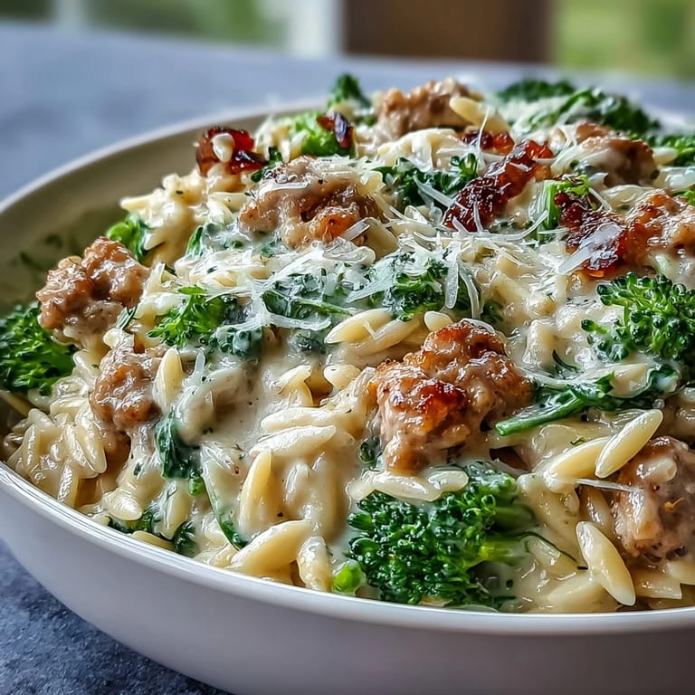 Dieses cremige Puten-Knoblauch-Orzo-Gericht mit saftigem Fleisch und bissfestem Brokkoli, serviert auf Teller mit extra Käse.
