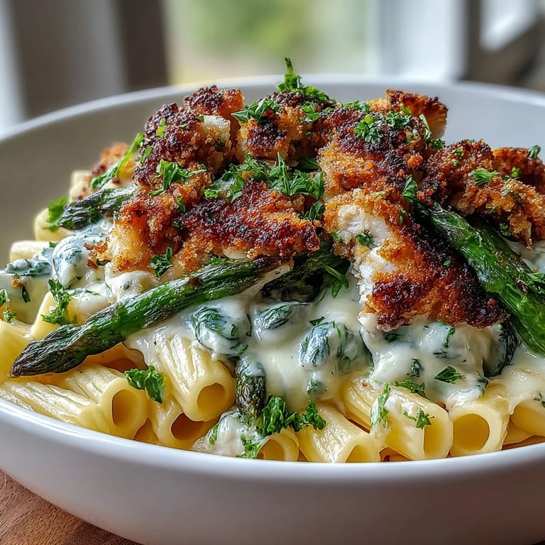 Genieße Crispy Parmesan Asparagus Chicken Pasta mit Zitronennote und frischem Petersilienstreuseln.