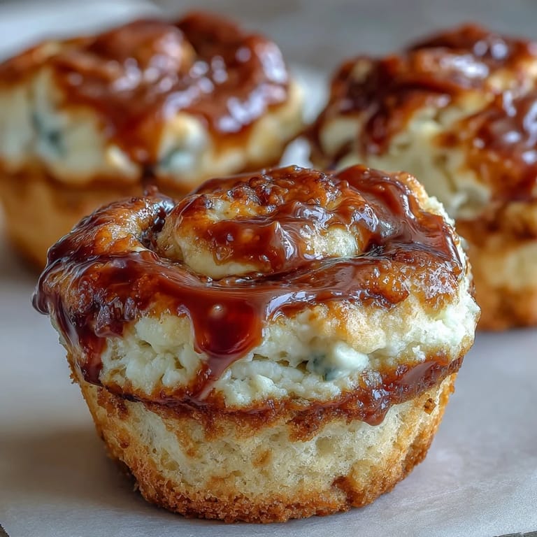 Saftige Caramel Cream Cheese Swirl Muffins mit glasurähnlicher Karamell-Tropfung und einem Glas kalter Milch im Hintergrund.