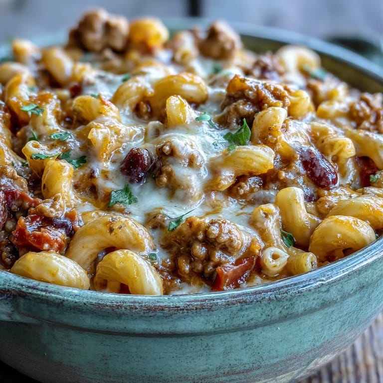 Das cremige Baked Ranch Turkey Chili Mac kommt aus einem gusseisernen Topf, perfekt für ein gemütliches Familienessen.