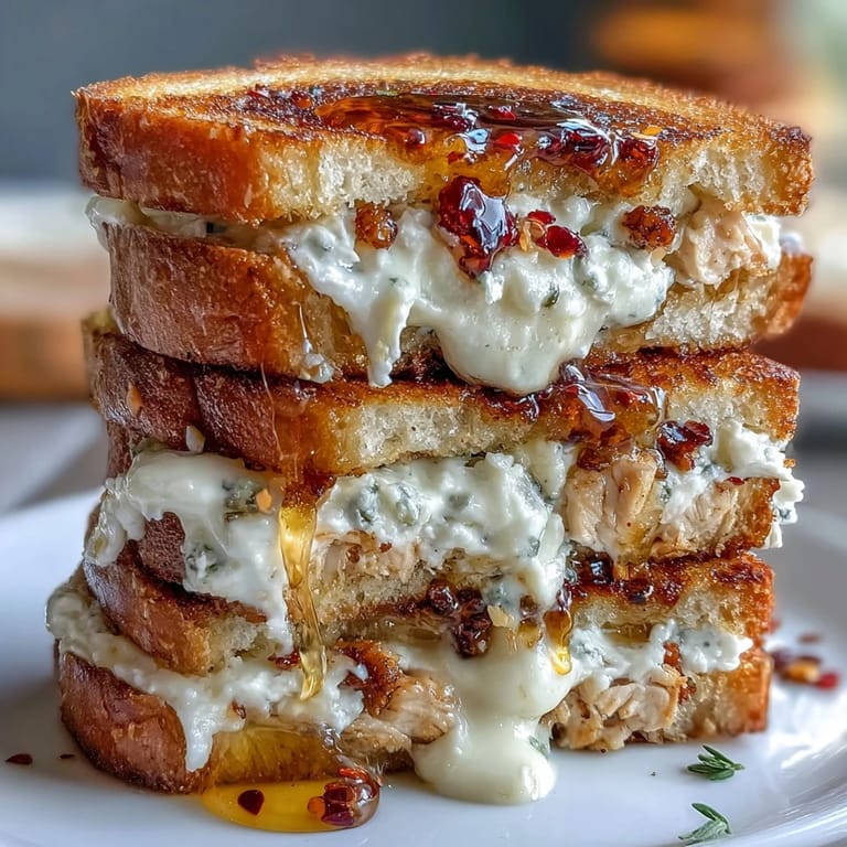 Scharfes Goat Cheese & Hot Honey Chicken Grilled Cheese, knusprig und goldenbraun.