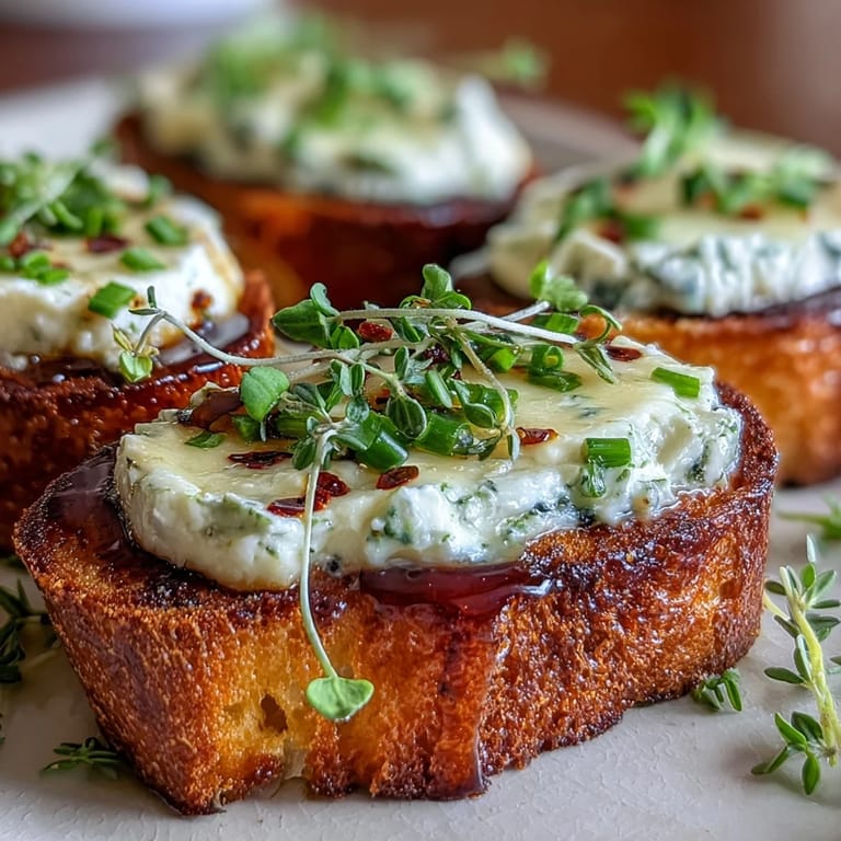 Golden tostierte Baguette-Scheiben mit cremigem Hot Honey Goat Cheese Crostini und frischem Thymian garniert.