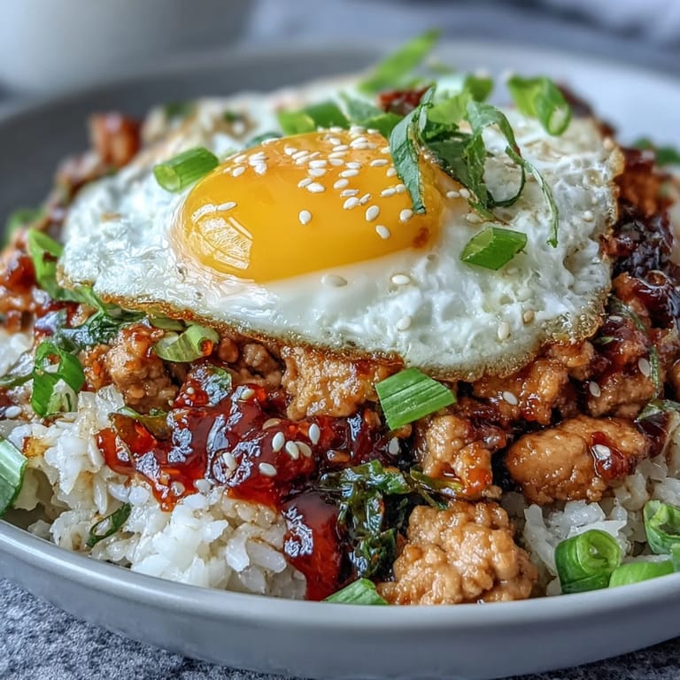 Korean Turkey Rice Skillet mit Ei und Kimchi als Beilage auf weißer Reisschale am Abendbrottisch