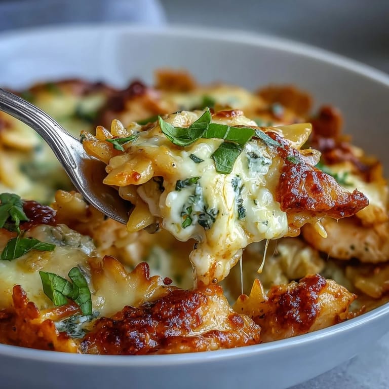 One-Pan Creamy Chicken Lasagna Orzo, heiß angerichtet mit Ricottadrops und Parmesan in einer Kucharone.