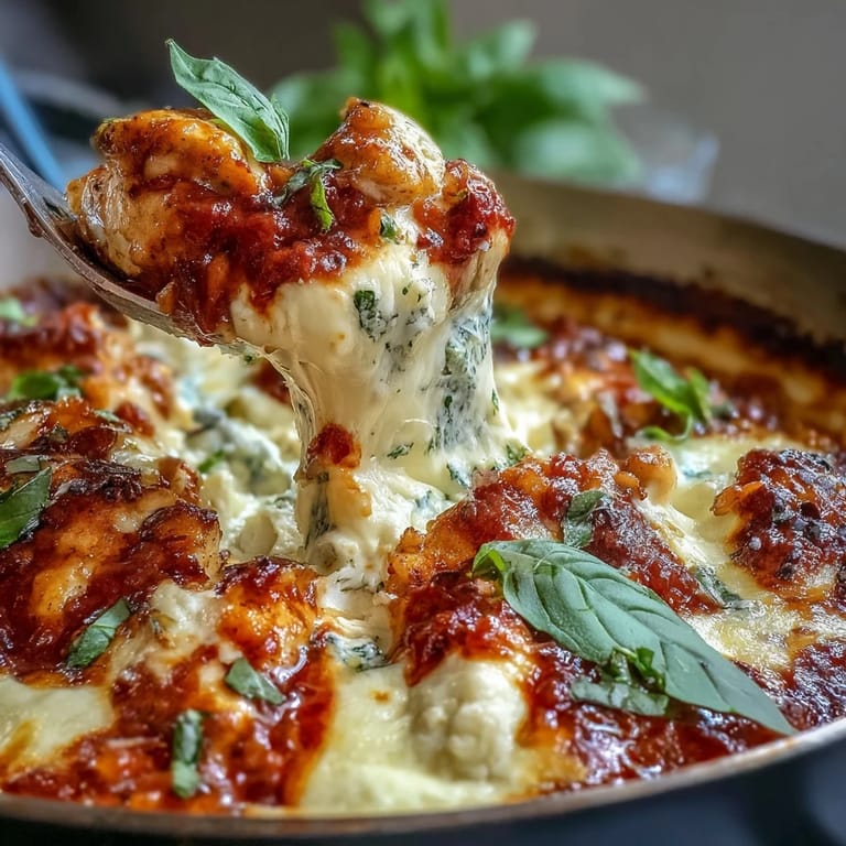 Steaming One-Pan Creamy Chicken Lasagna Orzo topped with ricotta dollops, served beside a crisp green salad.