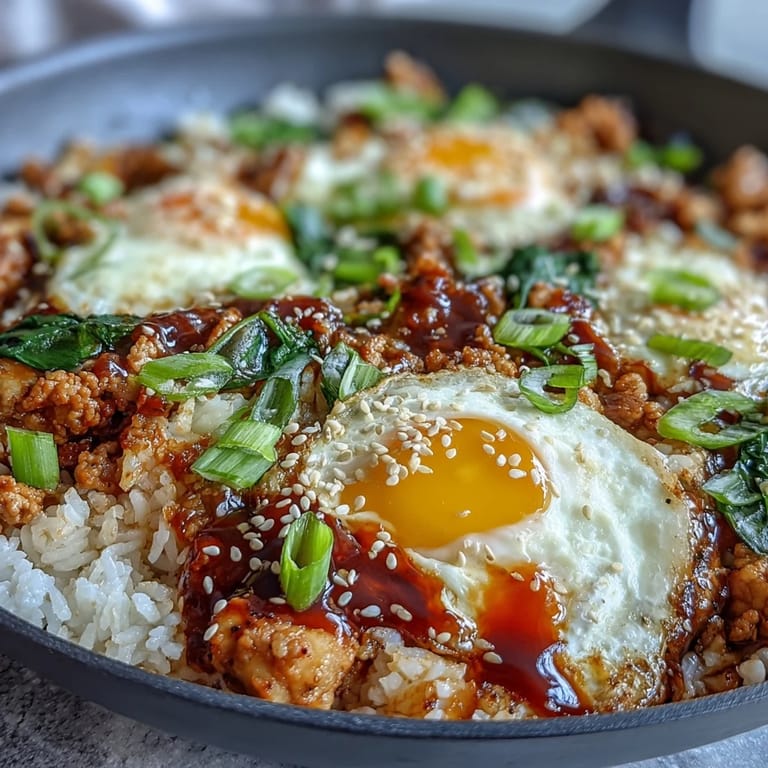 Herzhafte Creamy Korean Turkey Rice Skillet serviert mit grünen Zwiebeln und Kimchi für extra Würze.
