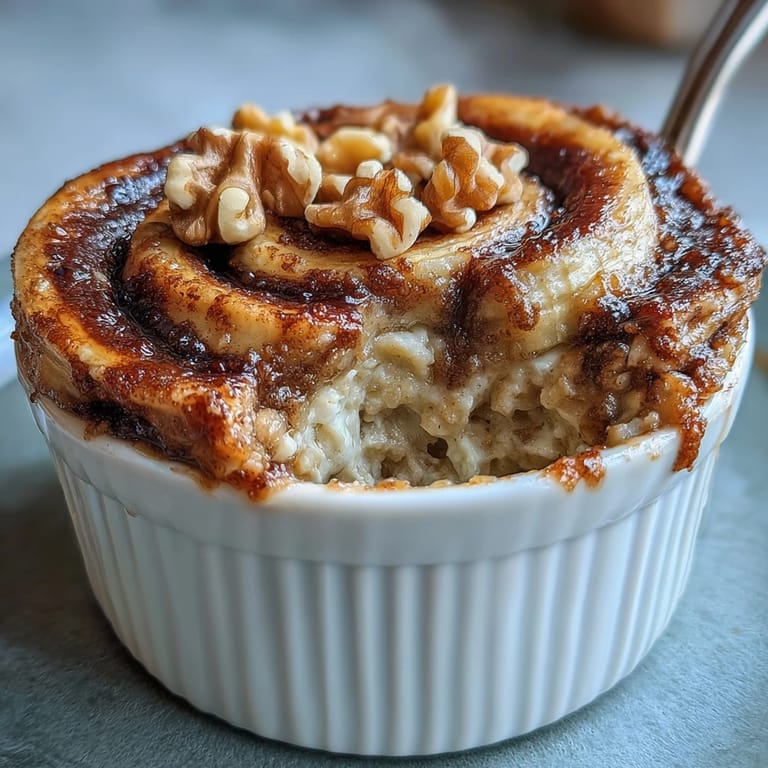 Freshly baked Cinnamon Swirl Protein Banana Baked Oats next to a steaming mug of coffee and chopped walnuts.