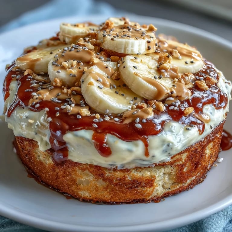 Frisch gebackene High-Protein Breakfast Pizza Bowl angerichtet mit Joghurt, Bananen und gestreuten Chiasamen als Protein-Frühstück.