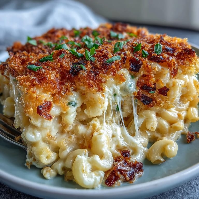 Köstliche Four-Cheese Mac & Cheese Bake aus dem Ofen, dampfend und goldbraun auf einem Holztisch.