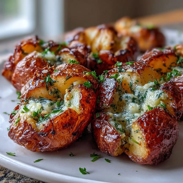 Crispy, smashed Smashed Garlic & Herb Potatoes brushed with roasted garlic butter and herbs.