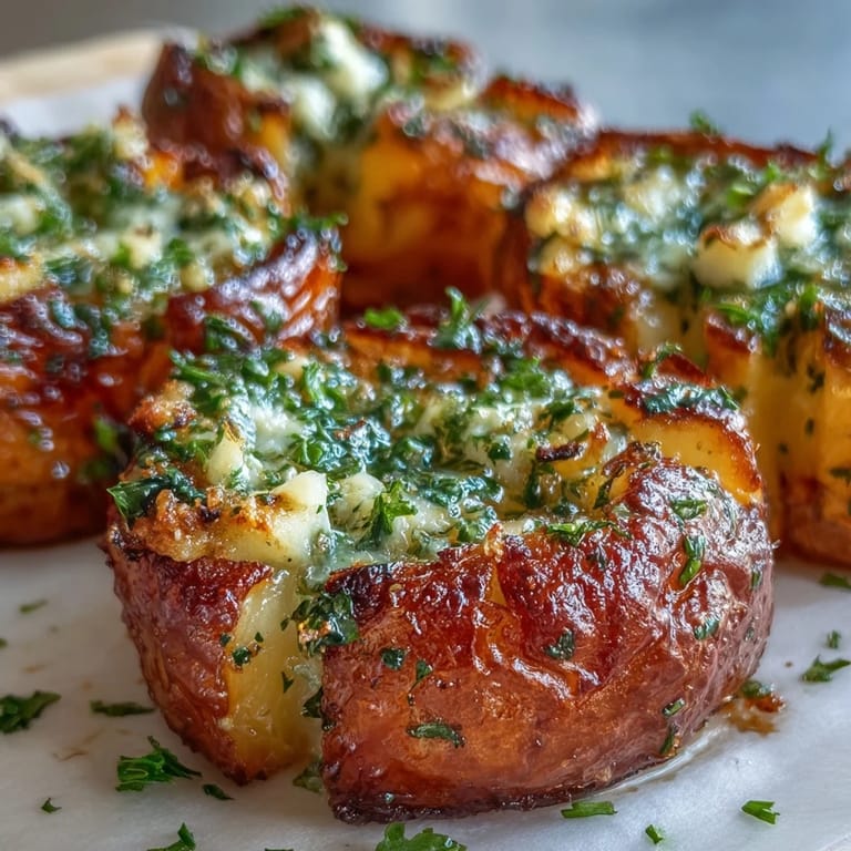 Platter of warm Smashed Garlic & Herb Potatoes served beside roasted chicken for a hearty dinner.