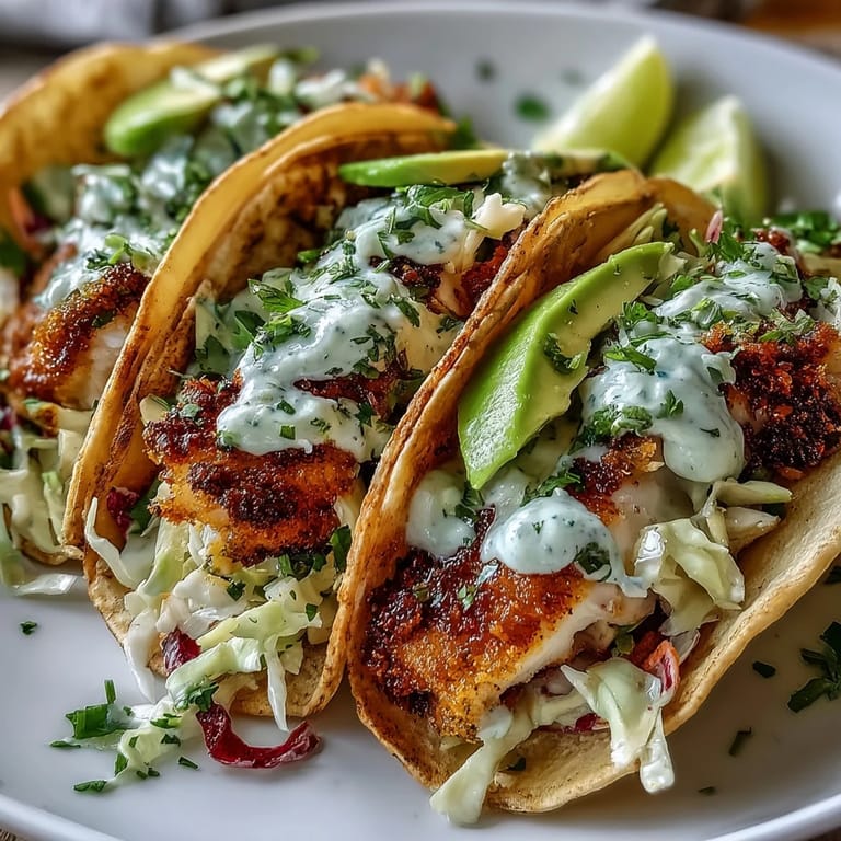 Goldbraun gebratene Fischfilets in warmen Tortillas mit Spicy Lime Fish Tacos und Koriander-Crema beträufelt.