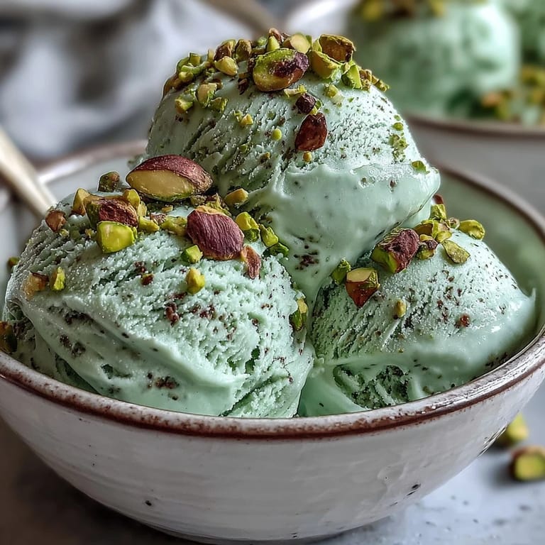 Creamy Italian Pistachio Gelato in a glass dish, garnished with roasted nuts and fresh mint for a vivid touch.