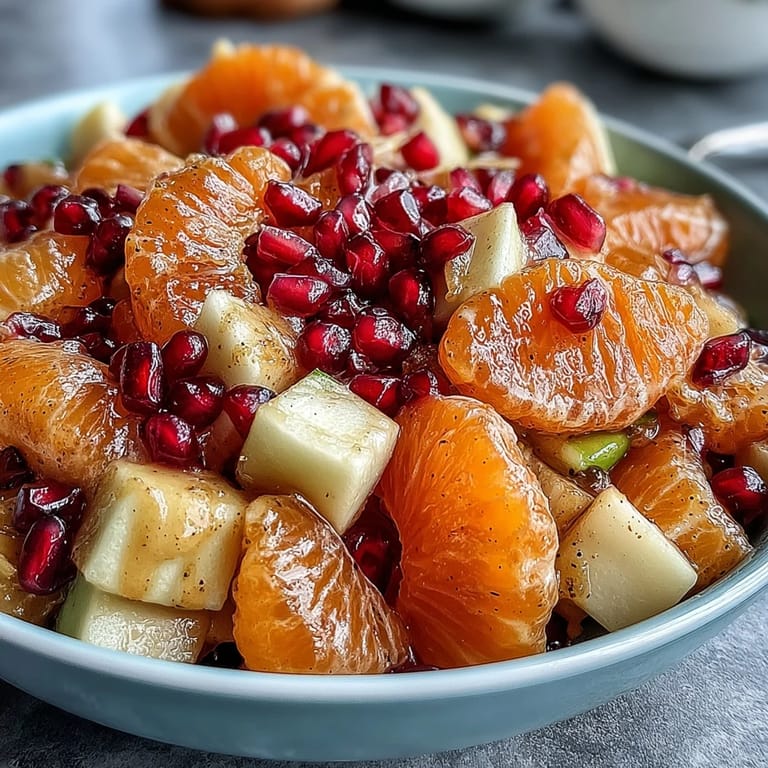 Fresh Winter Fruit Salad with Cinnamon Vanilla Dressing topped with pomegranate arils and diced apples, ready to serve.