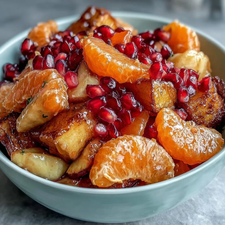 Chilled Winter Fruit Salad with Cinnamon Vanilla Dressing garnished with mint, ideal for holiday gatherings and potlucks.