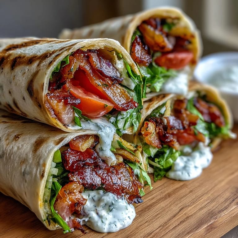 A close-up of Gourmet BLT Wraps with Secret Sauce, perfect for a quick lunch or easy weeknight dinner.
