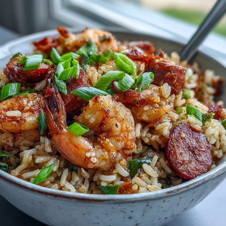 A skillet of Cajun Dirty Rice with Juicy Shrimp & Sausage served alongside a chilled lager and lemon wedges.