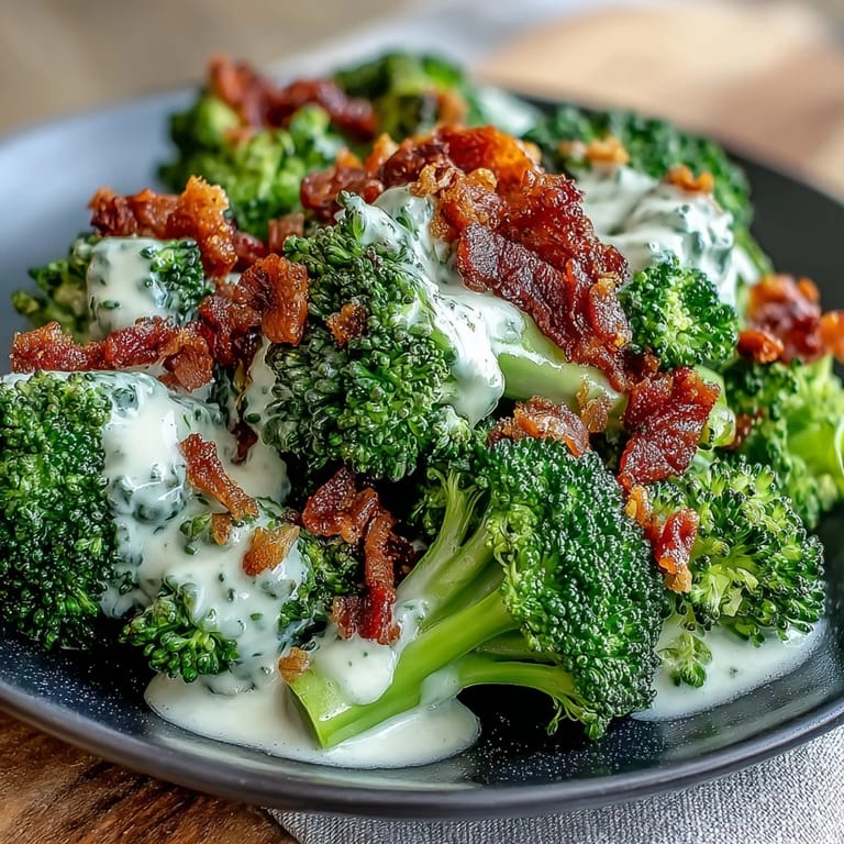 Bright green broccoli and golden bacon pieces tossed in a thickened garlic sauce ready to serve alongside your main dish.