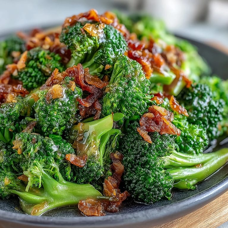 Steamed broccoli florets mixed with a savory garlic sauce and topped with crispy bacon for a flavorful low calorie side dish.