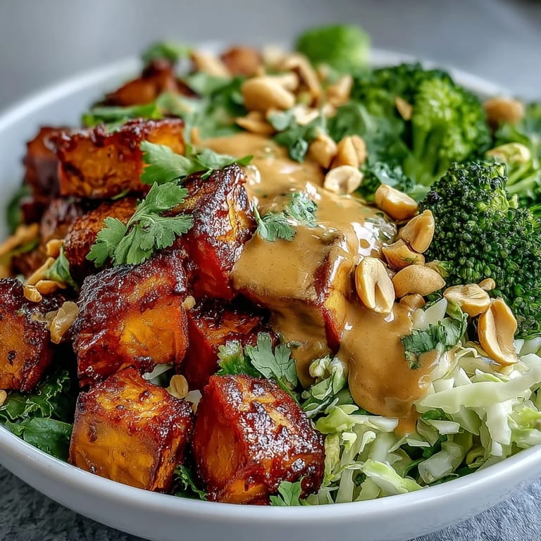 Frisch angerichteter Thai Peanut Sweet Potato Buddha Bowl mit goldbraunen Süßkartoffeln, Brokkoli und gerösteten Erdnüssen garniert