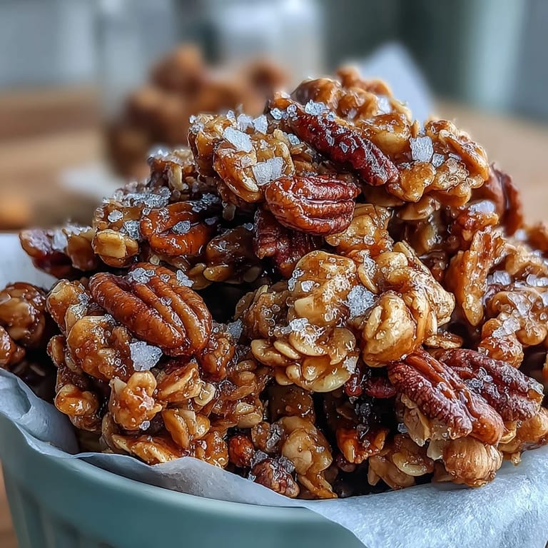 Frisch gebackene Salted Honey Granola, honiggesüßt und goldbraun, duftet nach Vanille und Zimt.