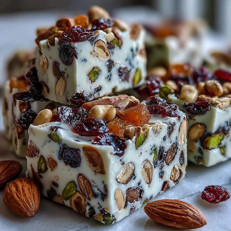 Freshly cut Pistachio Nougat Candy pieces showcasing roasted pistachios and glossy nougat texture for gifting.