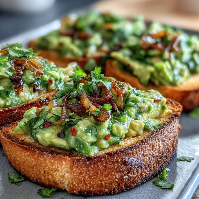 Sliced Chilli-Lime Avocado Toast revealing chunky avocado mash, drizzled with honey-lime dressing and crunchy fried shallots.