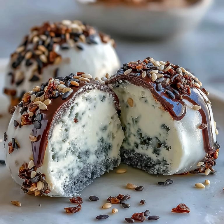 Ein frisch gefrorenes Black Sesame Mochi Ice Cream mit zarter Schicht aus Maisstärke und hauchdünnem Mochiteig.