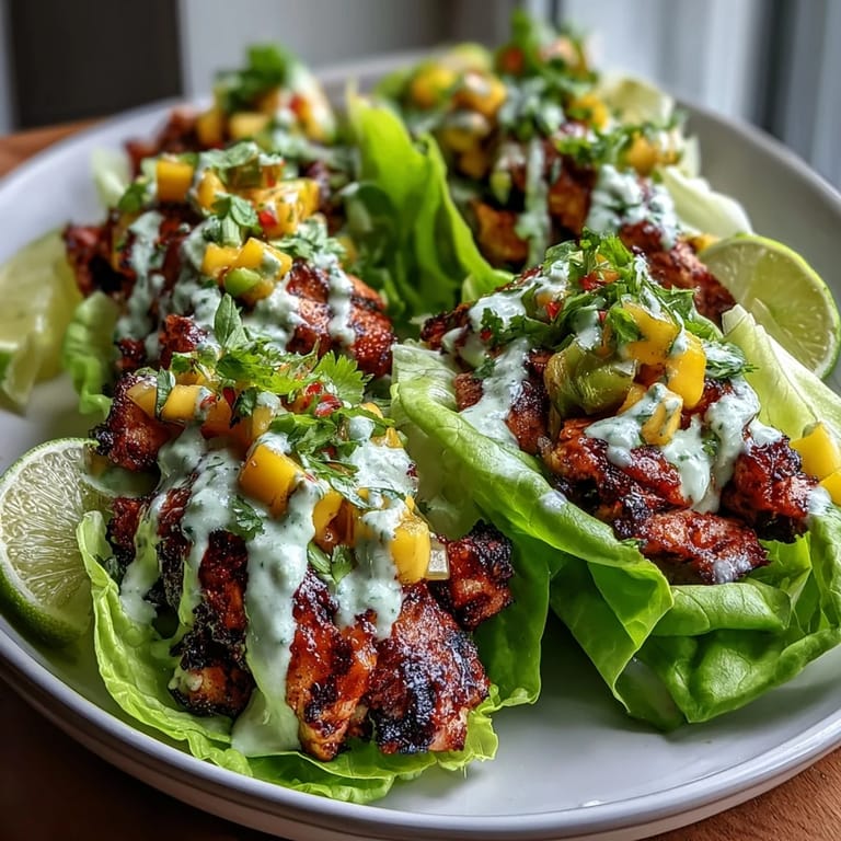 Spicy Jerk Chicken Lettuce Cups filled with juicy chicken, fresh mango salsa, and creamy coconut crema, perfect for a light meal.