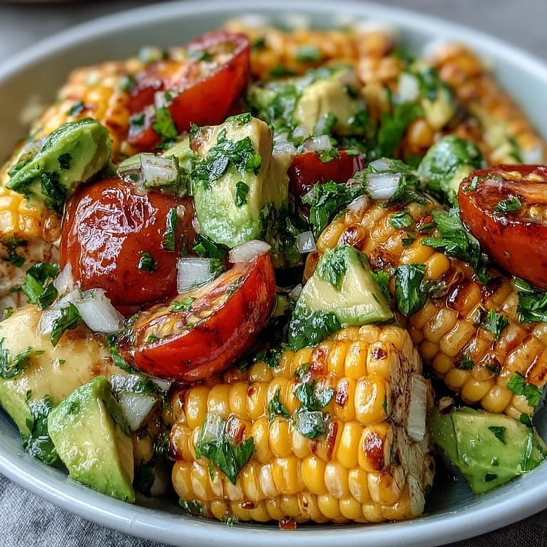 Genussvoller Summer Corn, Tomato, and Avocado Salad with Lime Vinaigrette mit roten Zwiebeln, Koriander und Limettenvinaigrette auf rustikalem Holztisch